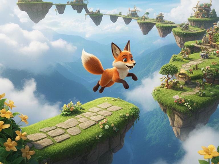 Stylised 3D platform adventure concept with a nimble fox character leaping between floating green terraces above a blue valley