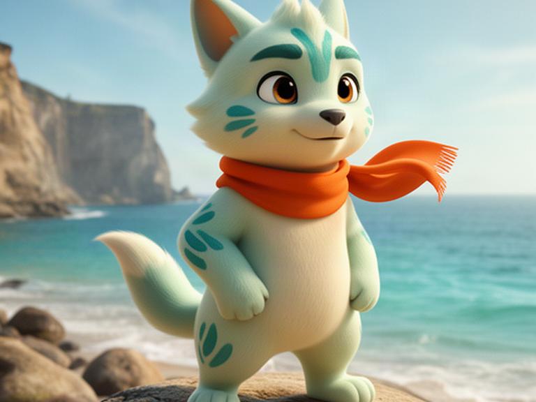 Stylised 3D creature companion character in a coastal setting, with expressive eyes, soft teal markings and a bright orange scarf