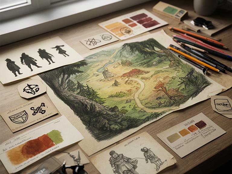 Game concept art desk showing a hand-drawn woodland map, character silhouettes and colour studies for a folklore adventure