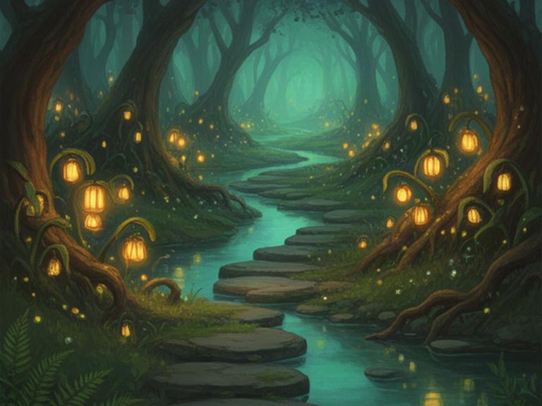 Hand-painted enchanted forest environment with glowing lantern plants, stepping stones and a winding stream