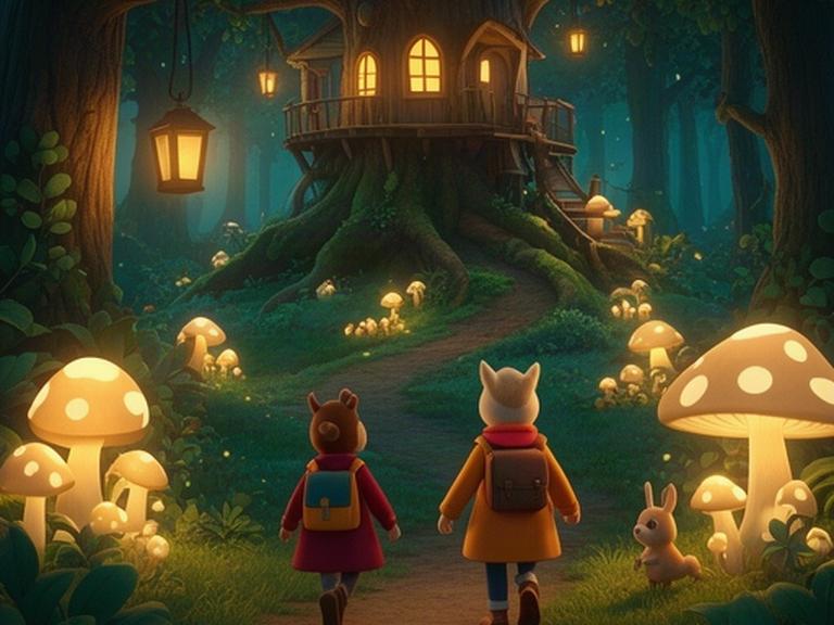 Family-friendly enchanted forest game concept with two colourful travellers following glowing mushrooms towards a treehouse