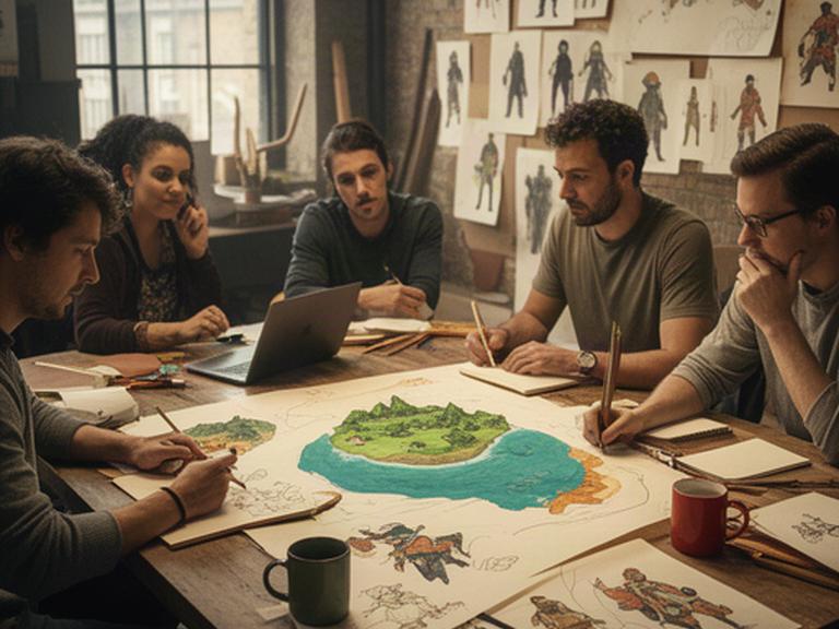 Game development team reviewing illustrated island maps and character studies around a studio table in London
