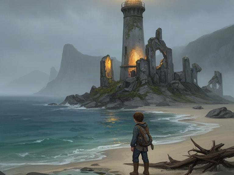 Mysterious island adventure concept showing a young cartographer on a blue-green shore beneath a ruined lighthouse