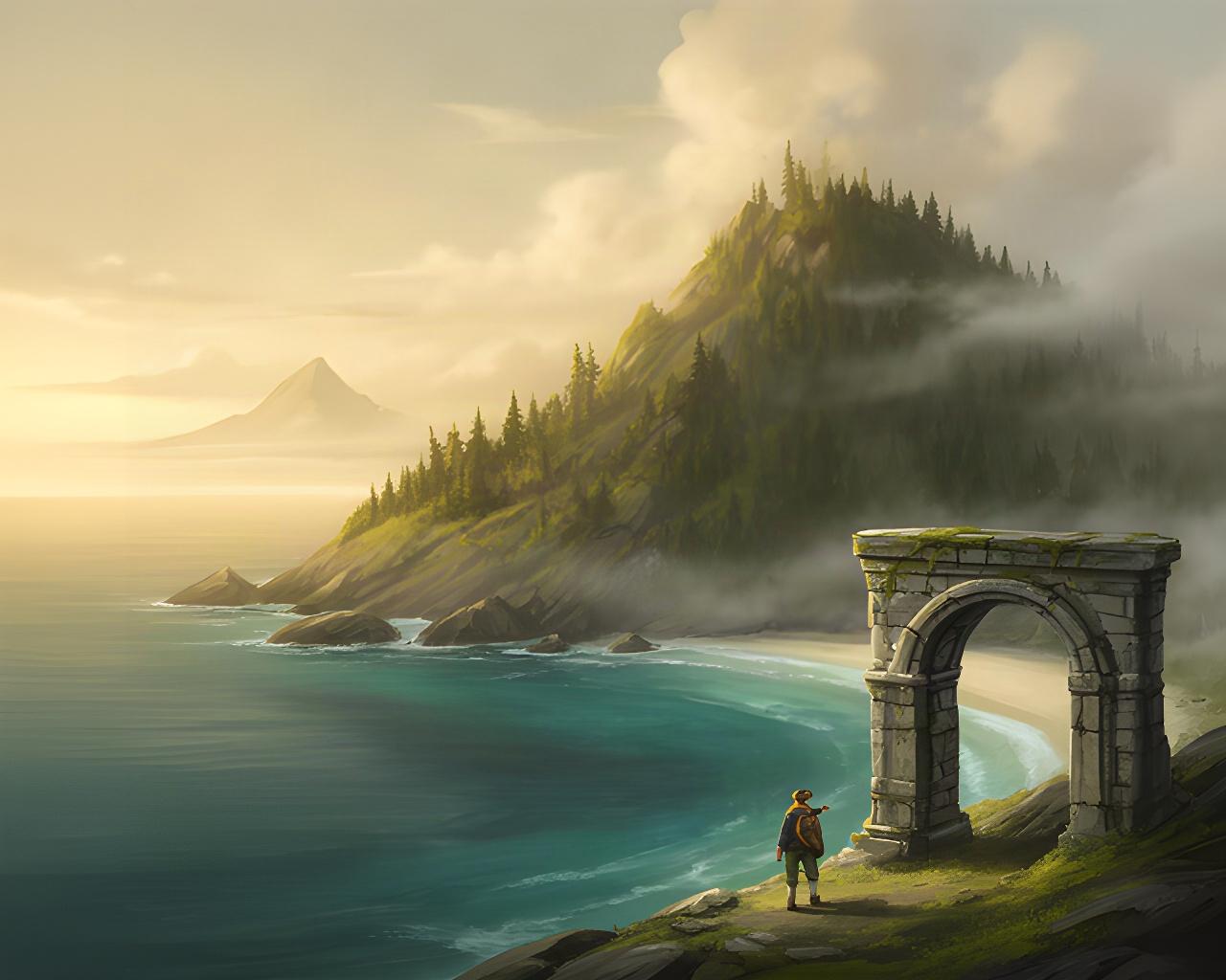 Painted fantasy island at dawn, with teal coves, a forested ridge and a small explorer approaching an ancient stone arch