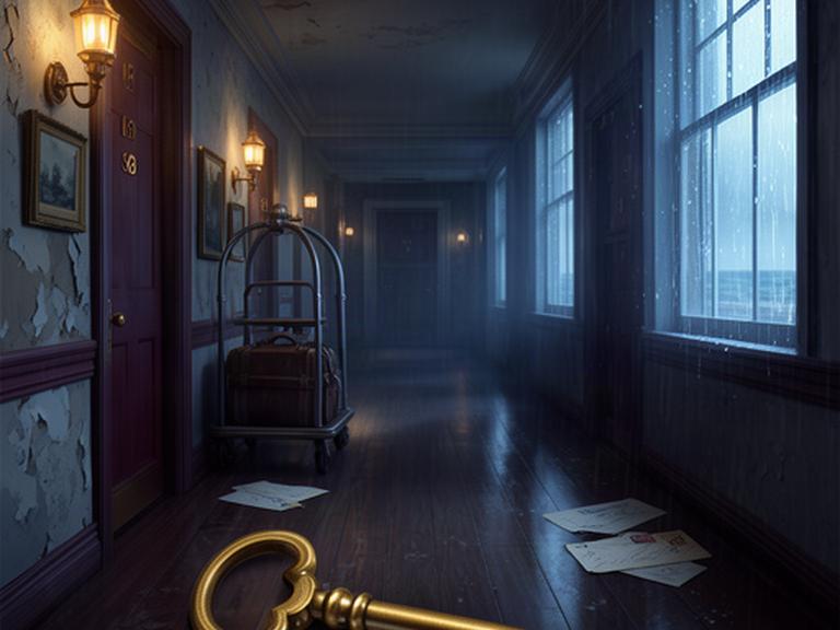 Narrative point-and-click mystery concept featuring an old seaside hotel corridor, a brass key and rain-streaked windows