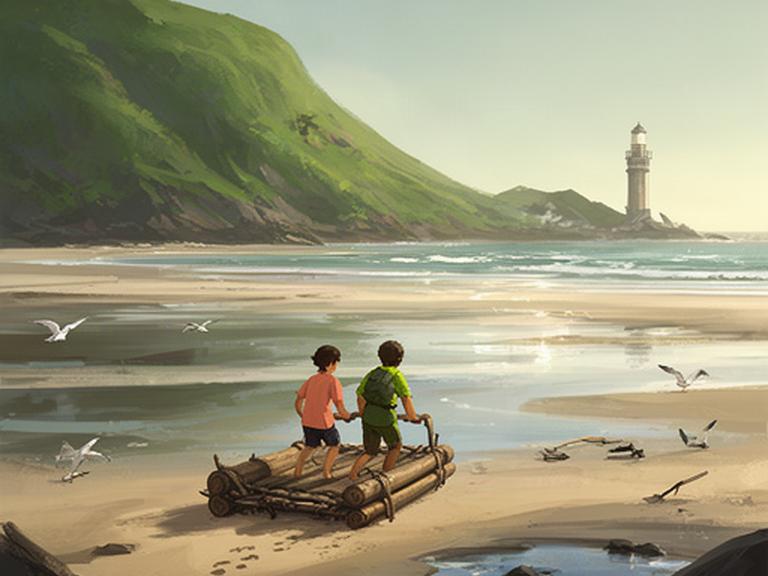 Co-operative island exploration game concept with two friends carrying a hand-built raft towards a green headland at low tide