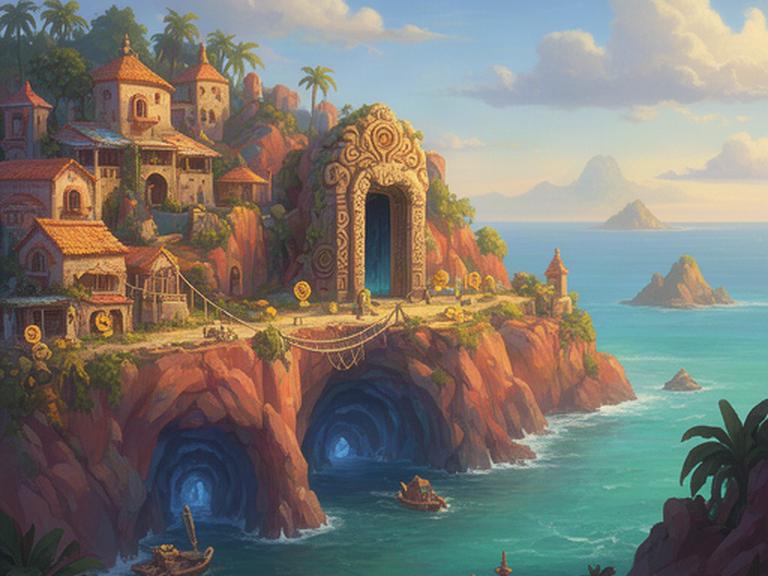 Colourful treasure island visual development board with a cliffside village, ancient doorway and layered sea caves